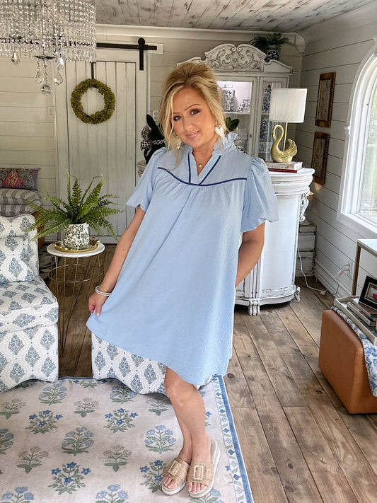 Blue Seersucker Puff Sleeve Dress
