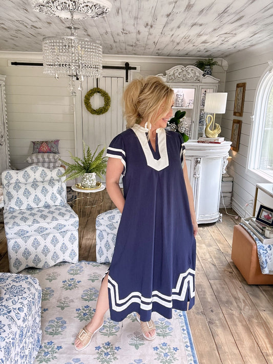 Navy Linen Cotton Contrast Neckline Midi Dress
