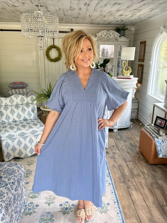 Smocked Front Cotton Midi Dress in Lagoon