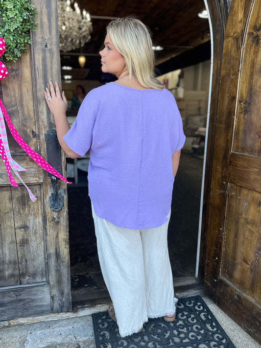 Lavender Woven Airflow V-neck Short Sleeve Top