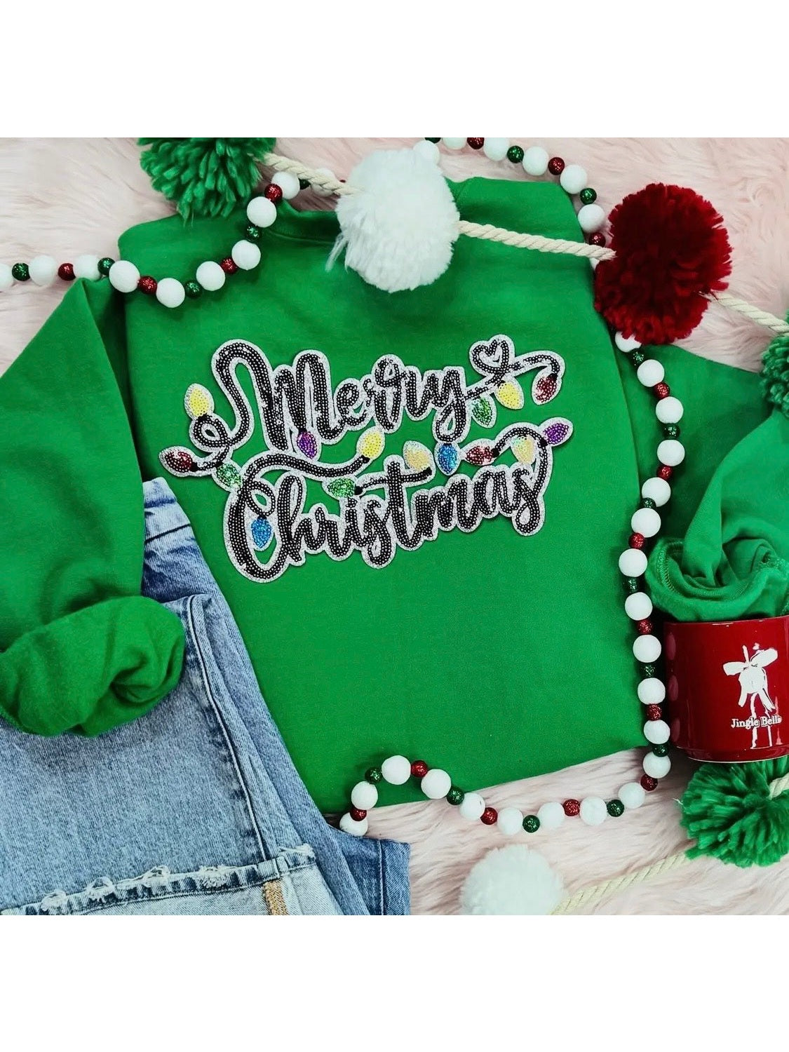 Merry Christmas Sequin Patch Irish Green Sweatshirt
