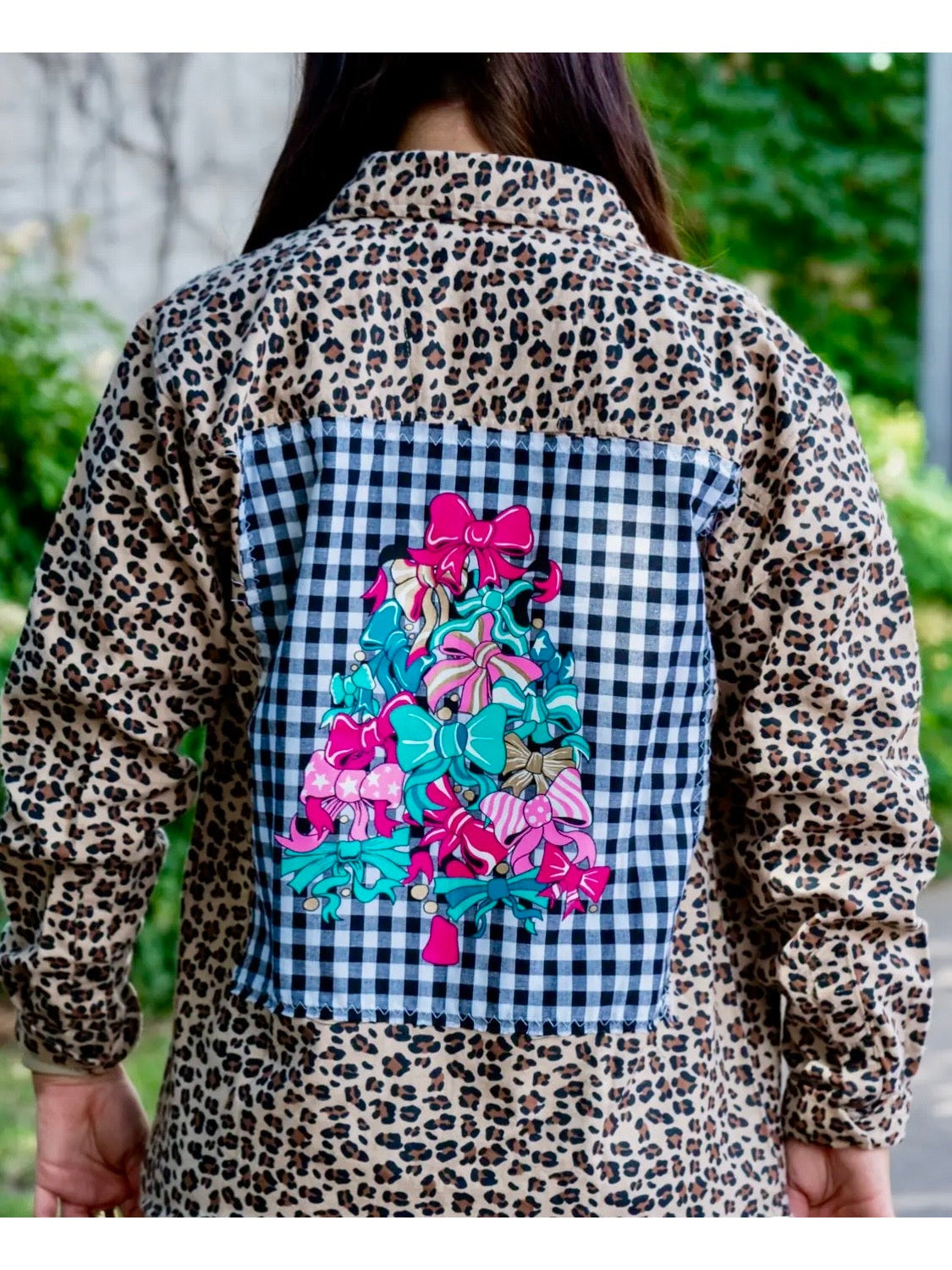 Bow Tree Patch On An Animal Print Flannel - Christmas