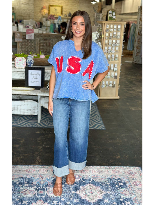 MINERAL WASHED USA PATCHED KNIT TOP