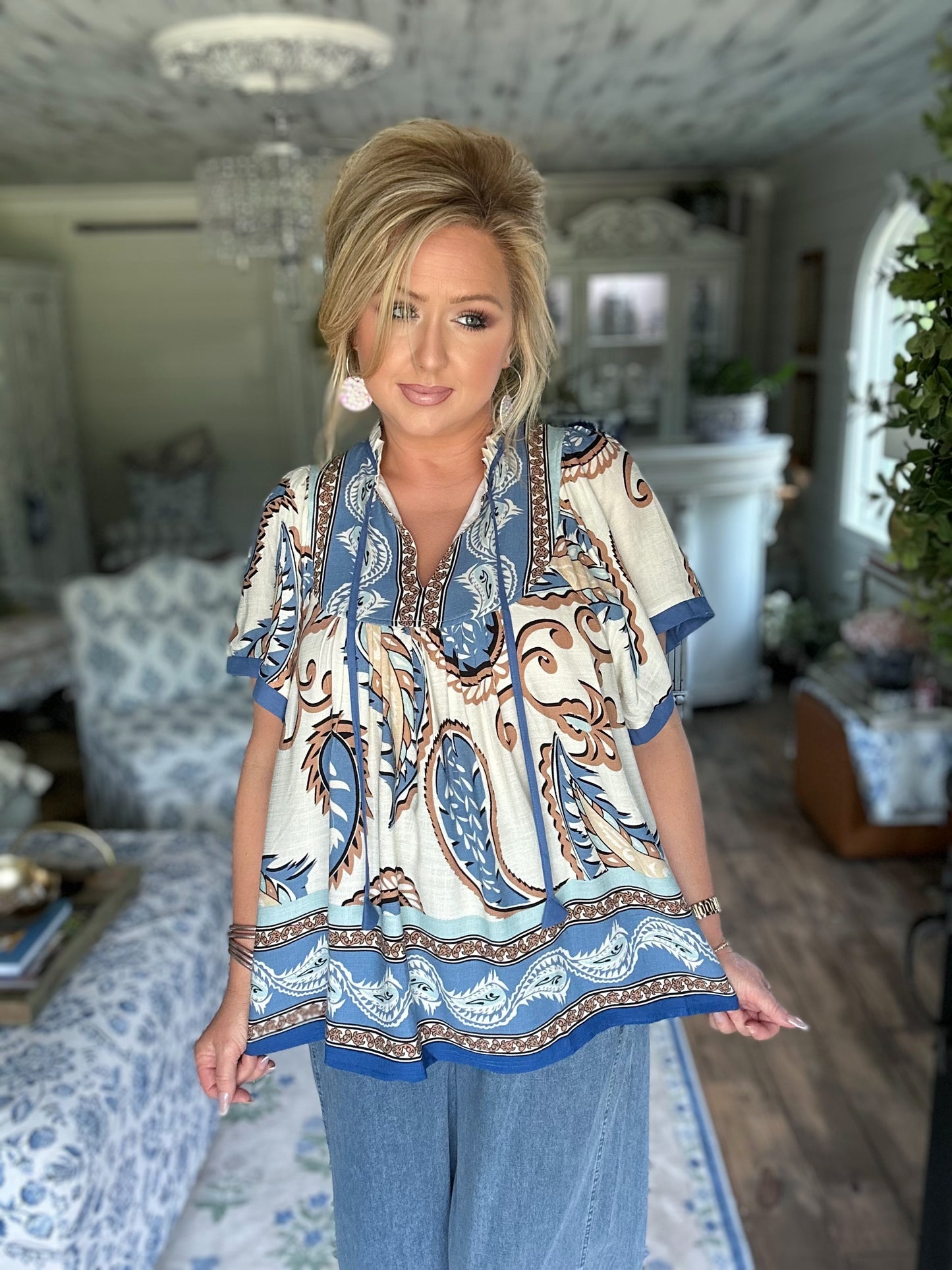Blue mix paisley border print tassel top