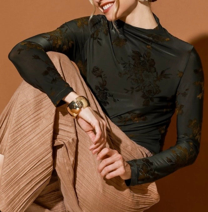Olive Floral Mock Neck Long Sleeve Top