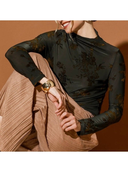 Olive Floral Mock Neck Long Sleeve Top