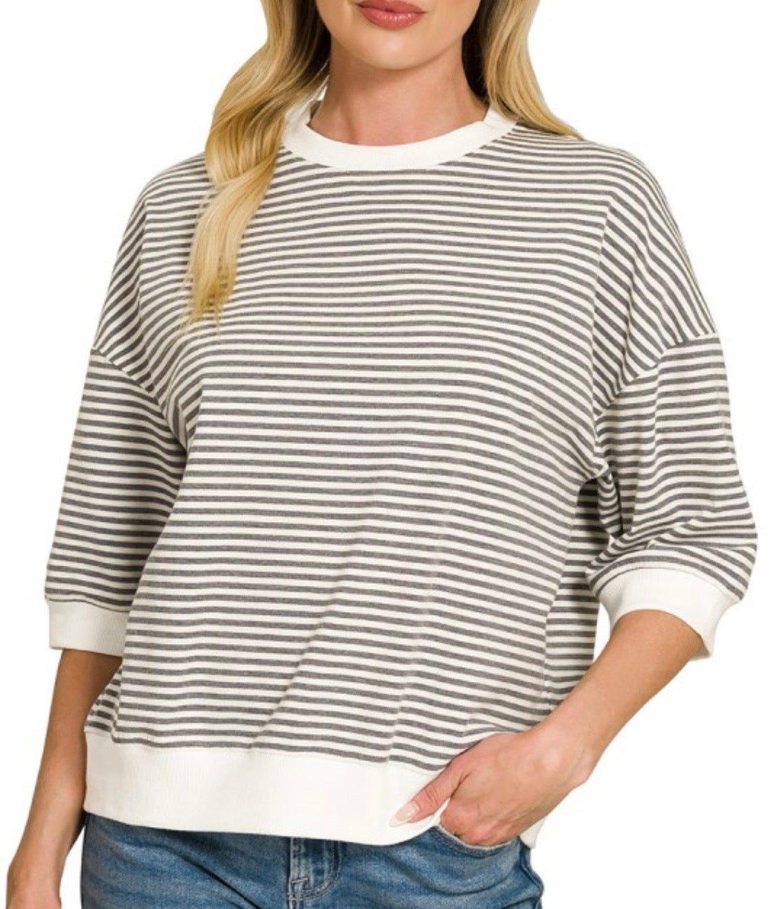 Charcoal Striped contrast, trim, rib, banded top.