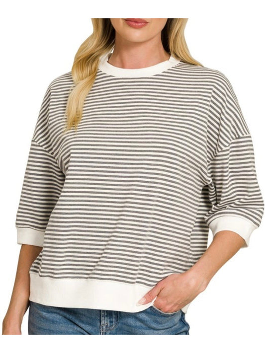 Charcoal Striped contrast, trim, rib, banded top.