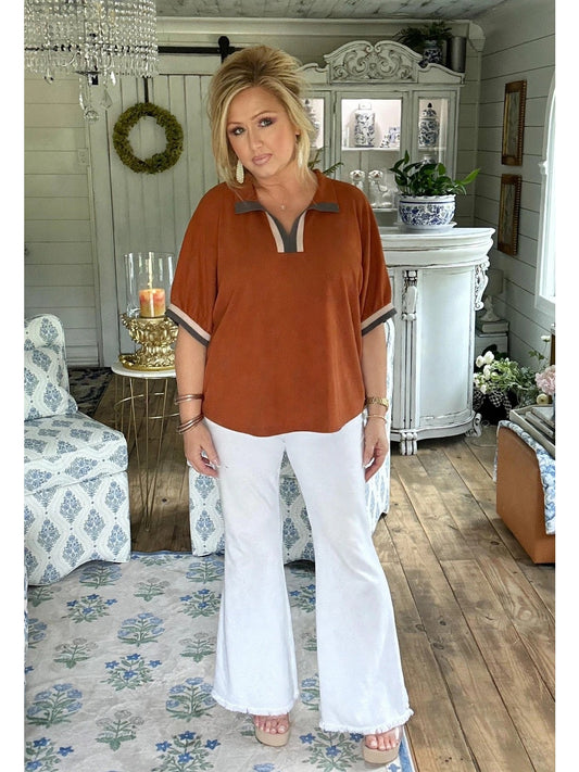Rust Curvy Contrast Trim Collared Short Sleeve Knit Top