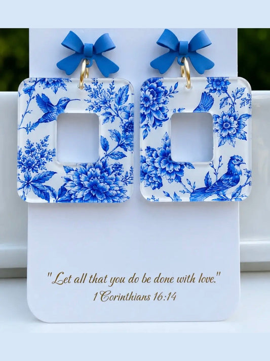 Blue Chinoiserie Floral Square Acrylic Earrings Bow Studs