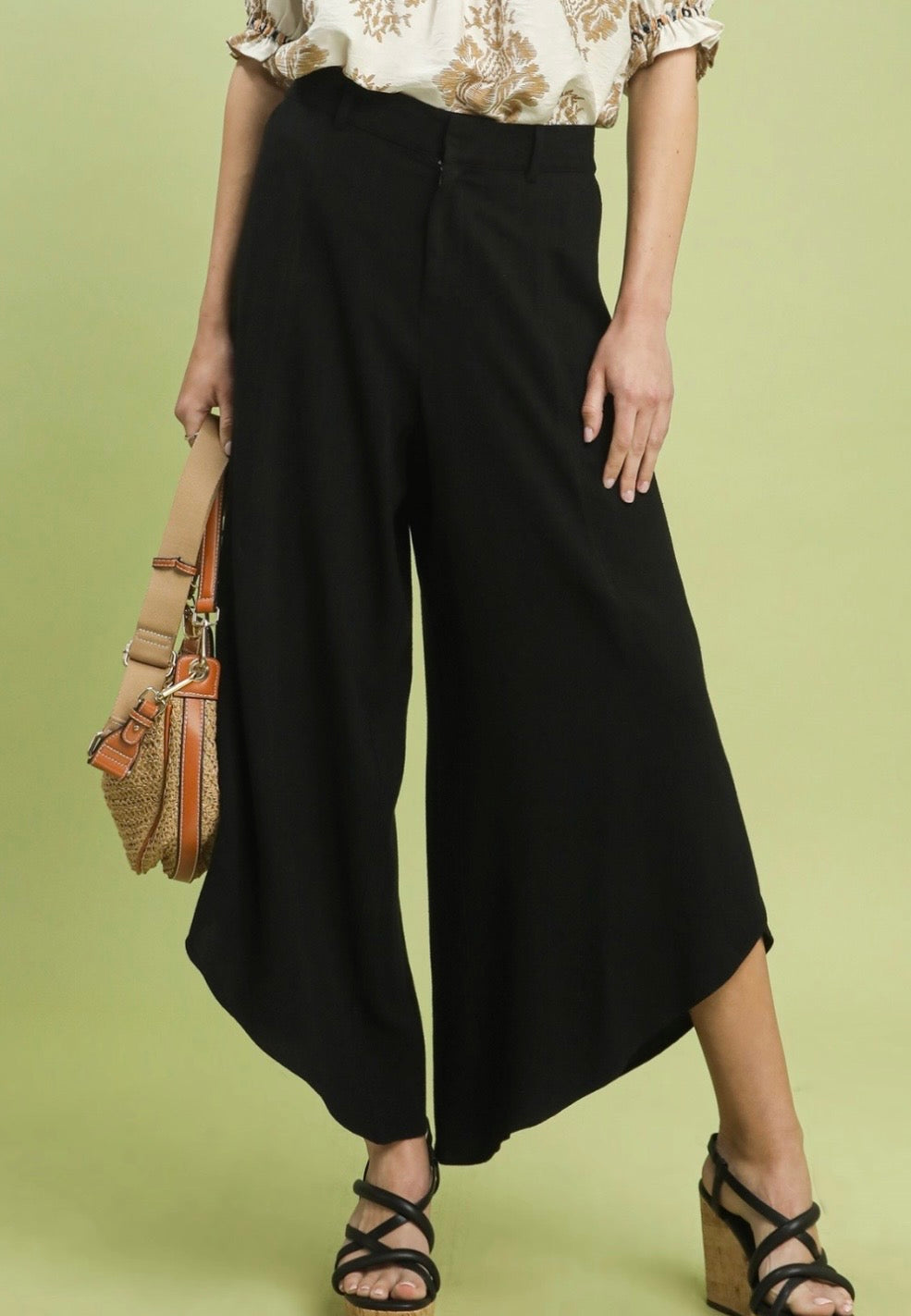 Black Flowy Asymmetrical Hem Wide Leg Pants