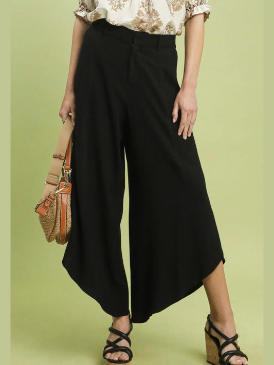 Black Flowy Asymmetrical Hem Wide Leg Pants