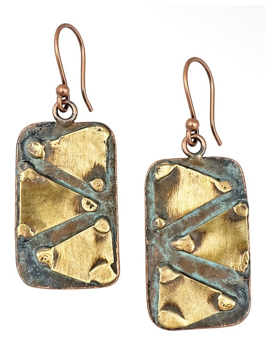 Copper Patina Handcrafted Earrings - Aqua Triangle