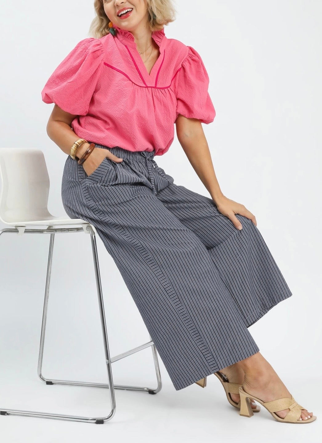 Navy striped wide leg pants