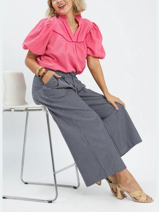 Navy striped wide leg pants