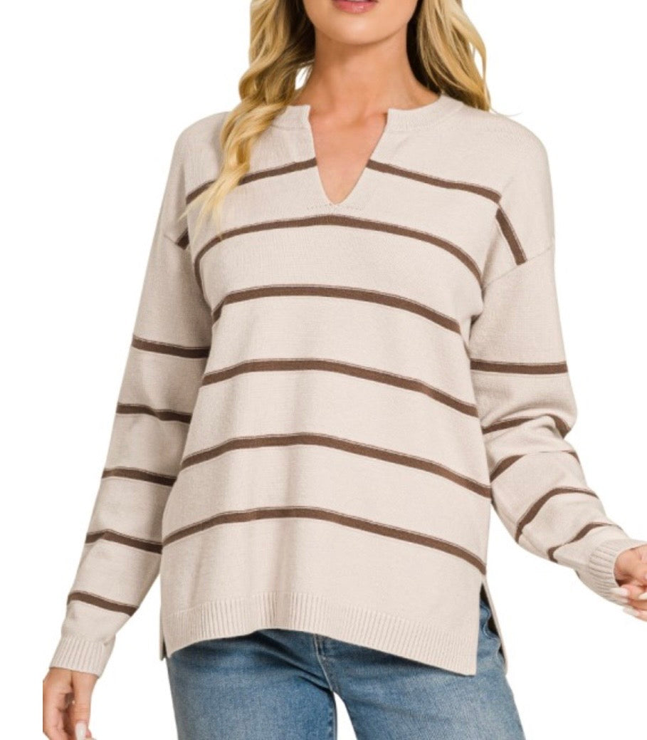 Bone/Brown Viscose Split Neck Striped Sweater