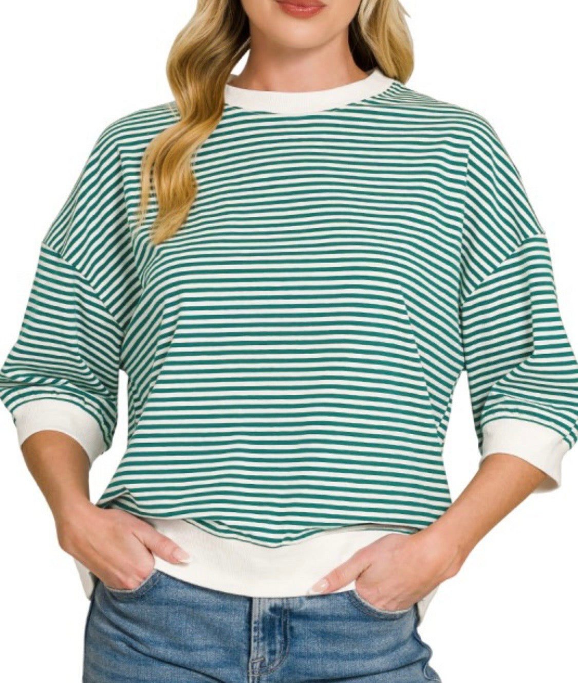 Hunter Green striped contrast, trim, rib, banded top.