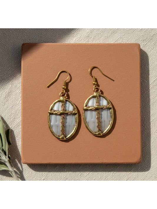 Mixed Metal Earrings - Twisted Cross in Oval
