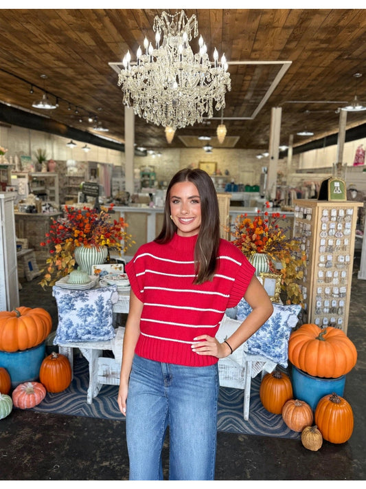 STRIPED CROPPED MOCK NECK SWEATER