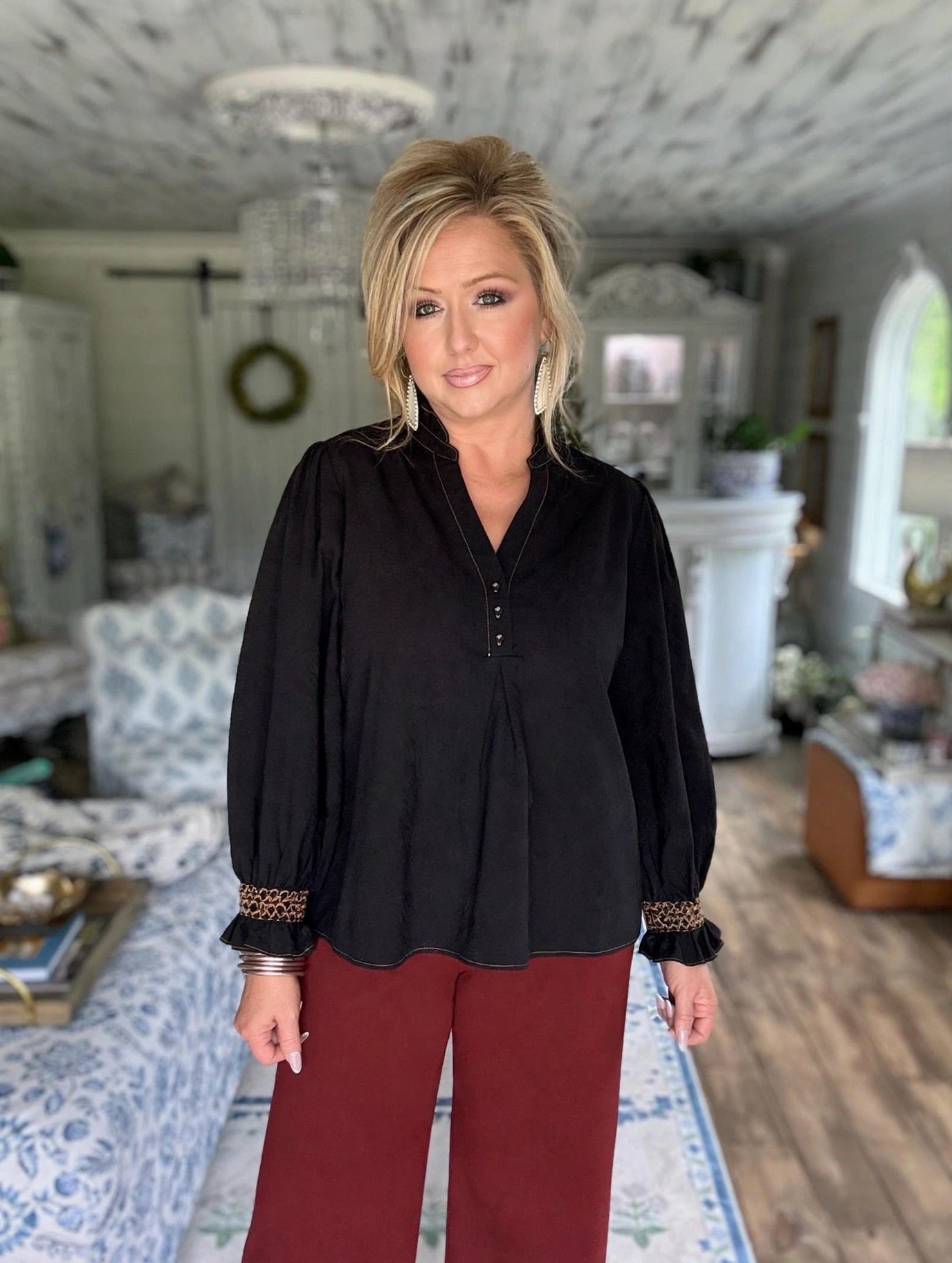 Black Chambray Blouse with Smocked Balloon Sleeves