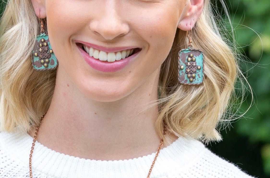 Copper Patina Earrings - Rivets in Turquoise Rectangle