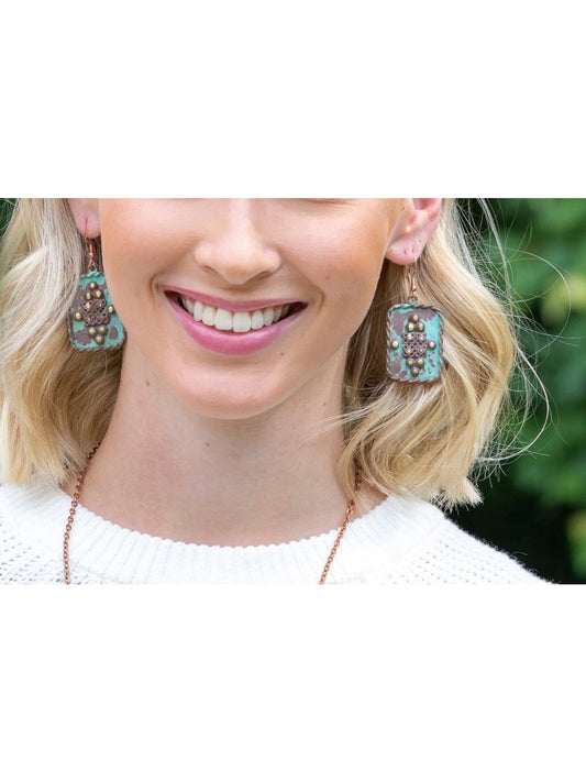 Copper Patina Earrings - Rivets in Turquoise Rectangle
