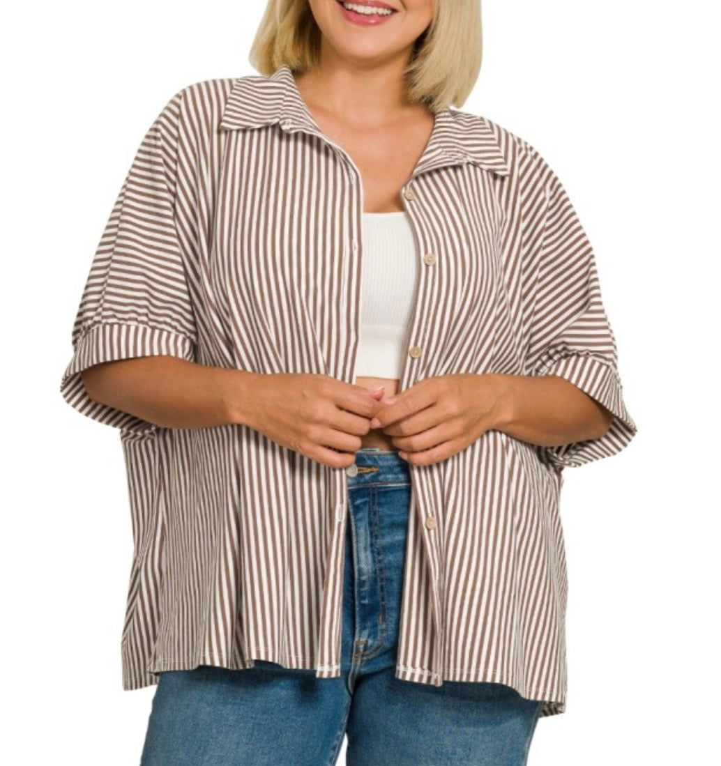 Mocha plus oversized stripe button down, stretch knit shirt.