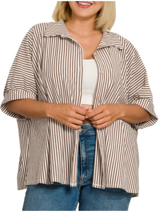 Mocha plus oversized stripe button down, stretch knit shirt.