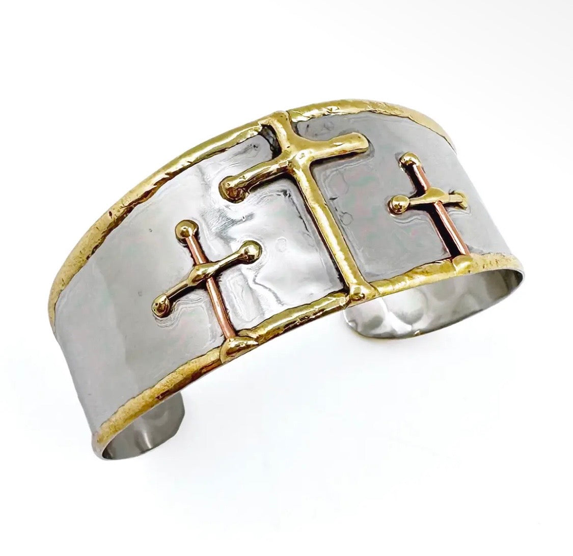 Mixed Metal Cuff Bracelet -
Three Gold Crosses