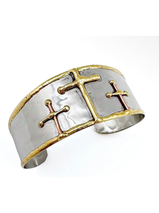 Mixed Metal Cuff Bracelet - Three Gold Crosses