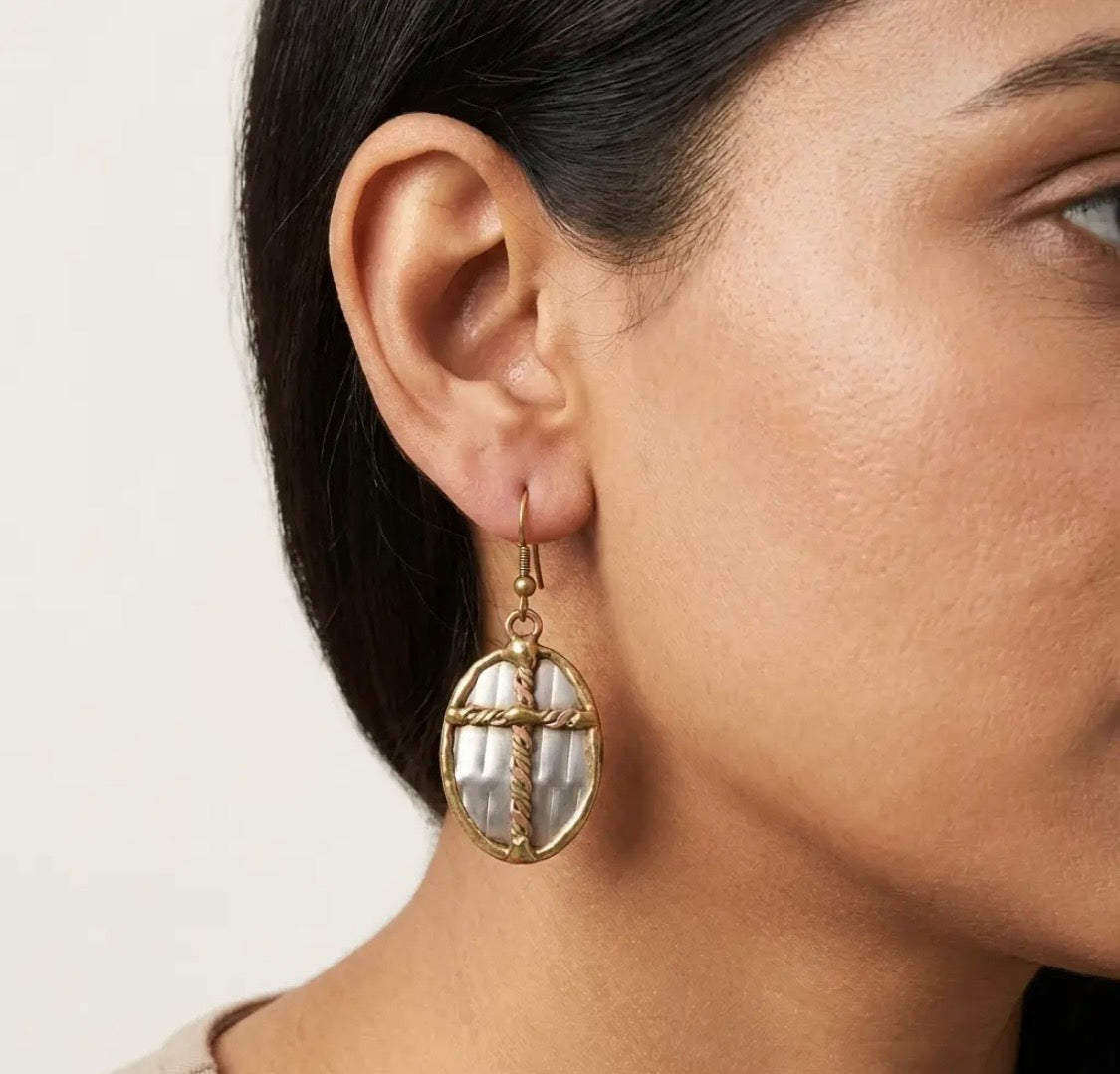 Mixed Metal Earrings - Twisted
Cross in Oval