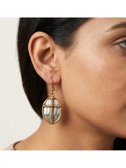 Mixed Metal Earrings - Twisted Cross in Oval