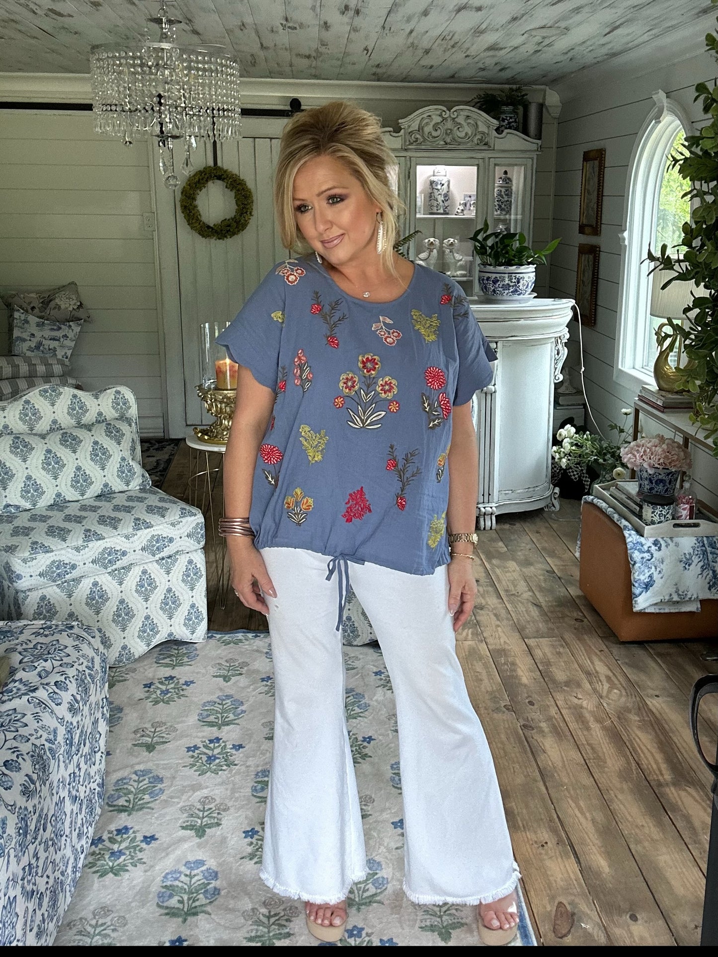 Denim embroidered botanical top