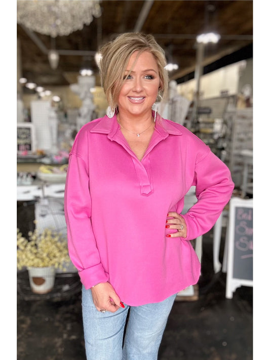 Rose Pink Washed Fleece Long Sleeve Top