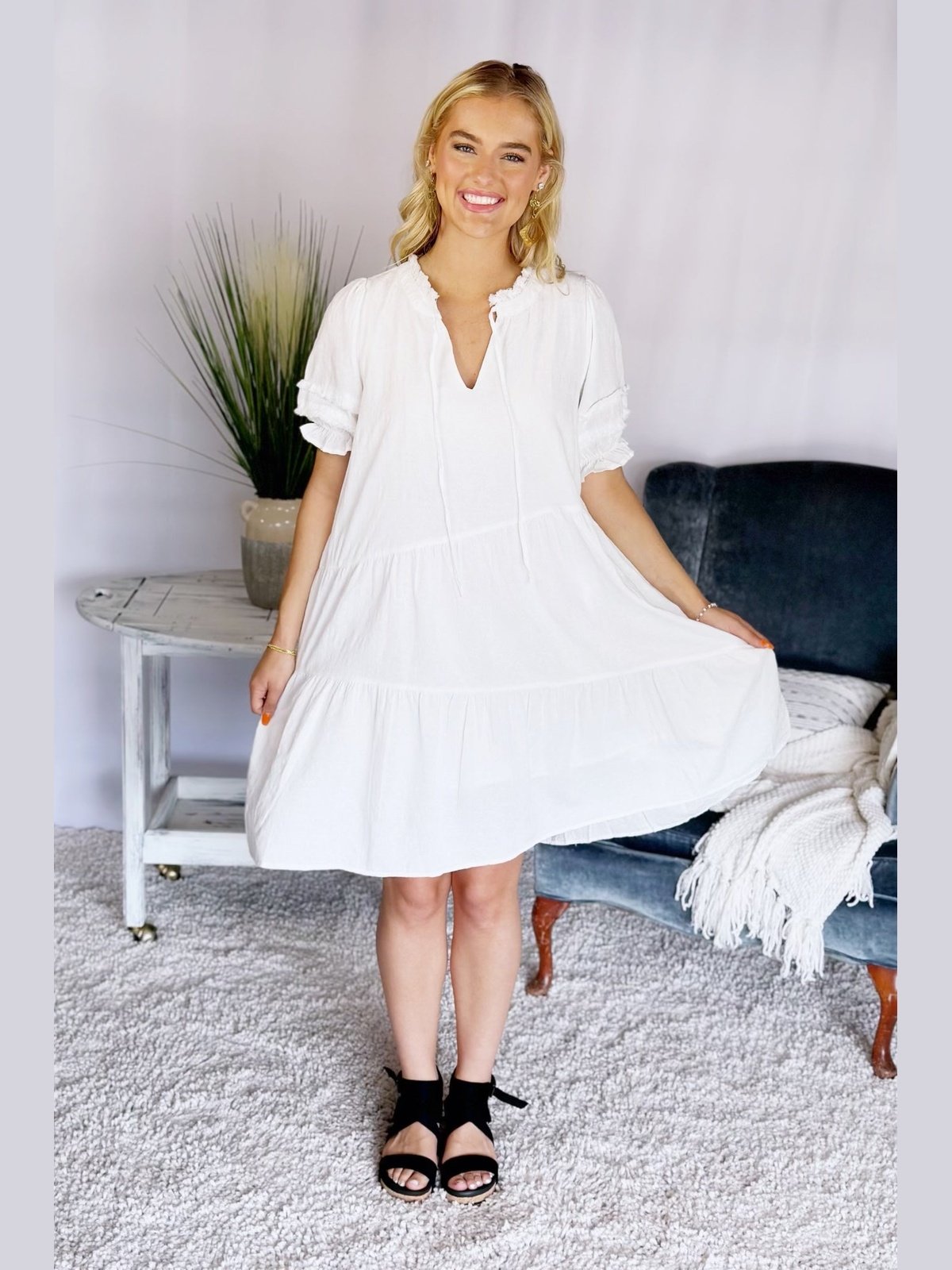 Misty Ivory V-Neck Puff Sleeve Dress