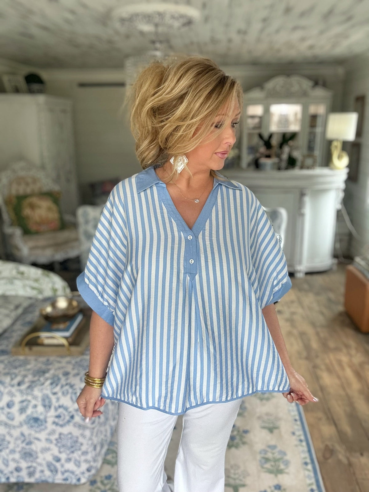Lt. Blue Curvy Stripe Collared Oversized Top