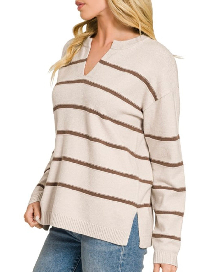 Bone/Brown Viscose Split Neck Striped Sweater