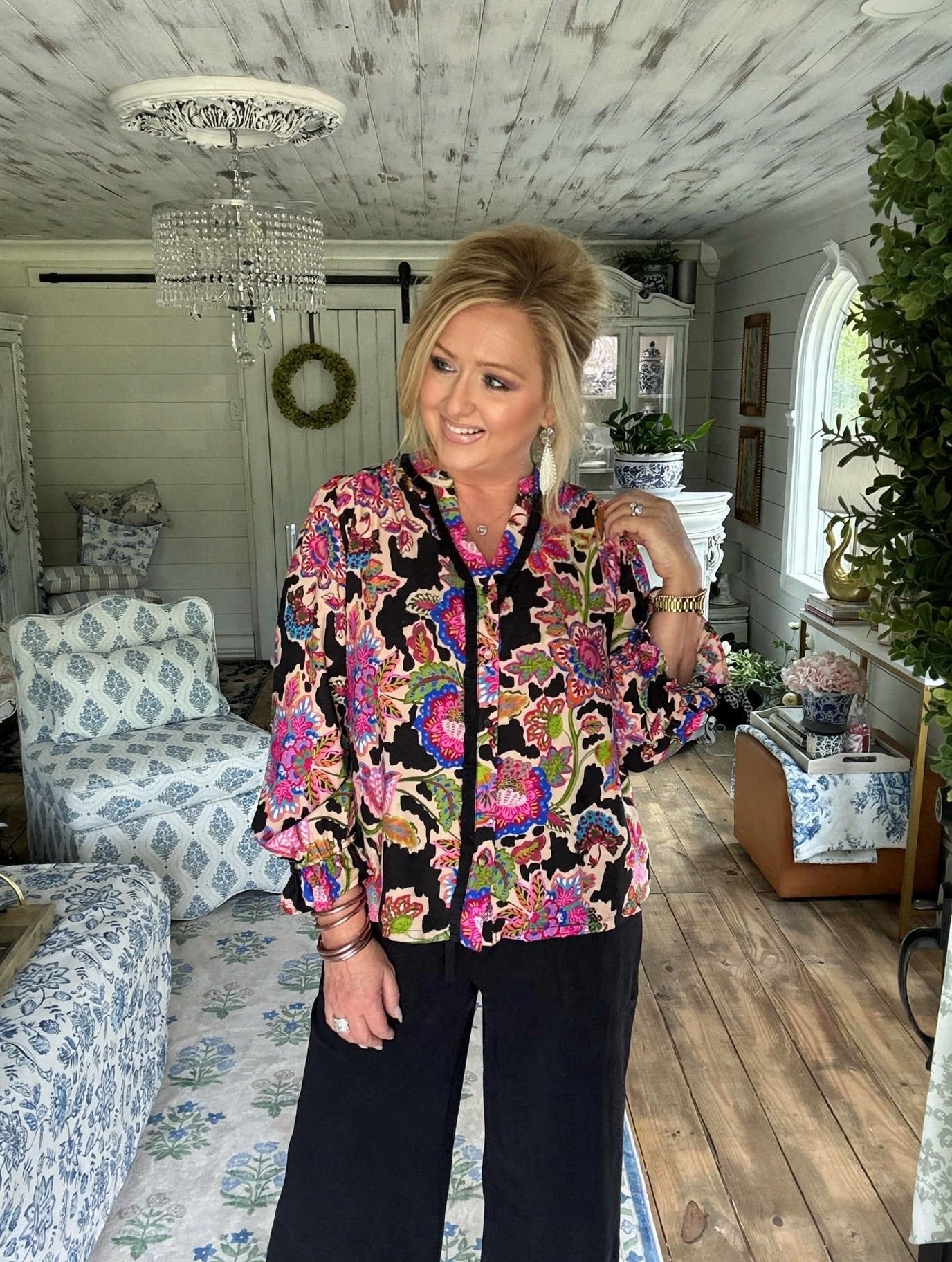 Black Mixed Floral Print Button
Down Blouse