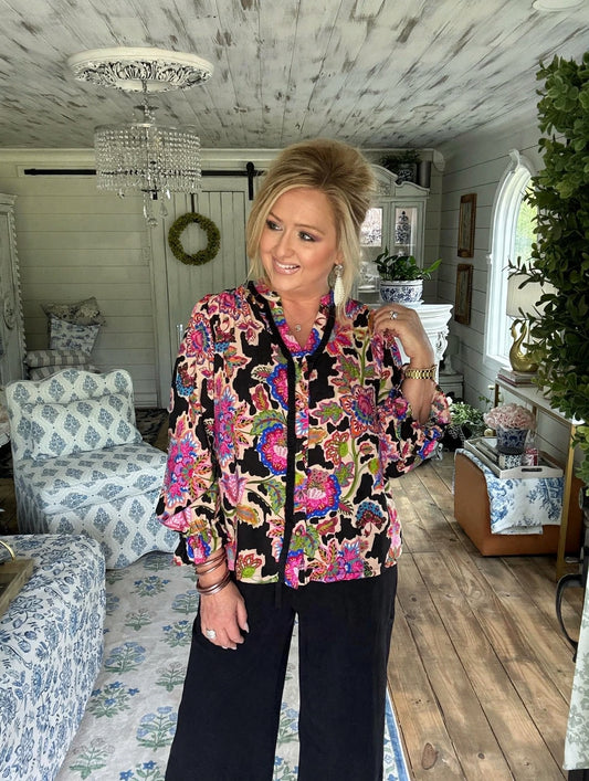 Black Mixed Floral Print Button
Down Blouse