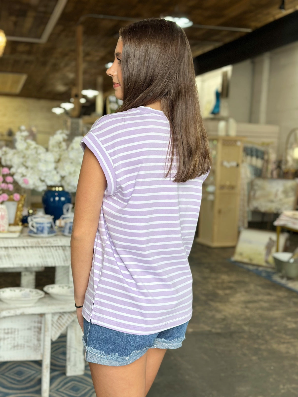 Lavender/White Stripe Rolled Sleeve Relaxed Top