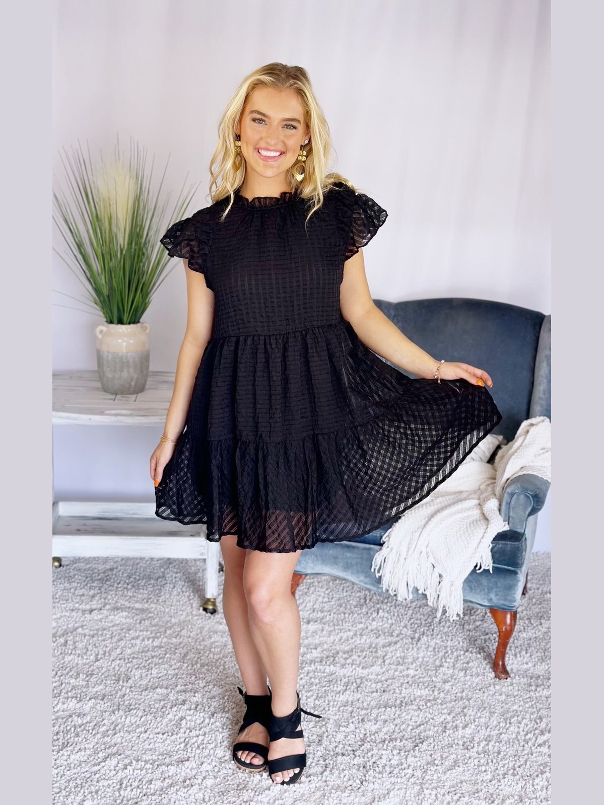 The NightFall Textured Round Neck Ruffle Dress