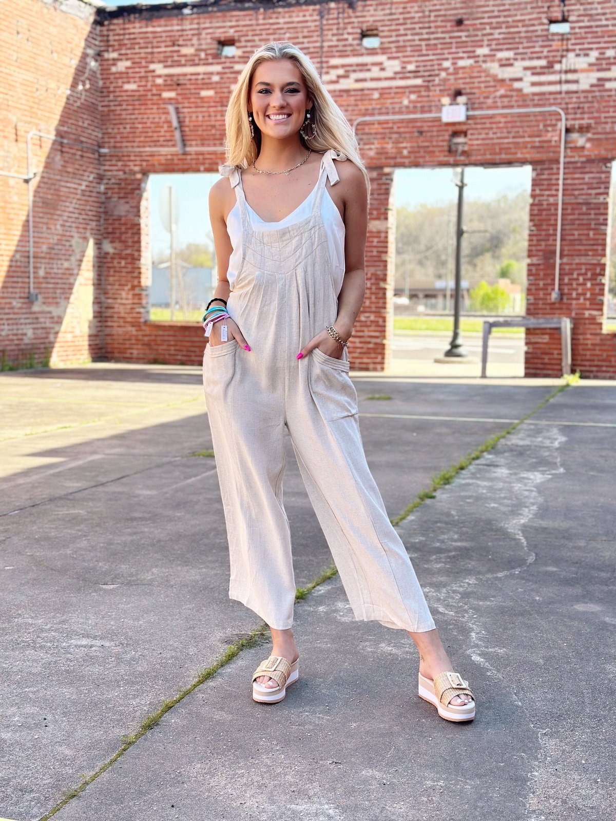 Salty Sands Umgee Linen Ribbon Tie Strap Jumpsuit