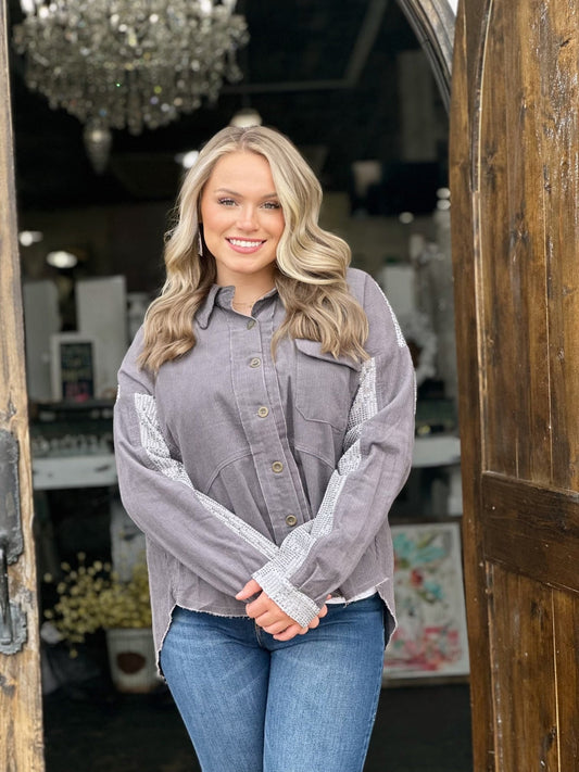 Charcoal Corduroy Button Up With Sequin Details