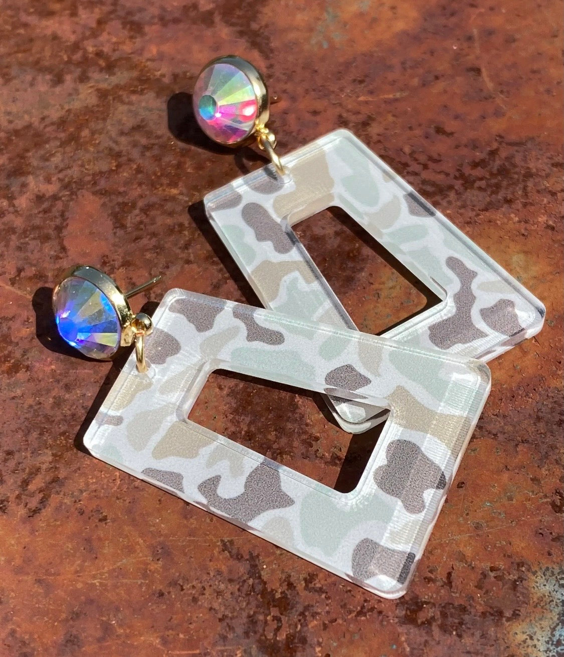 Neutral Camo Earrings with Ab
Crystal Studs