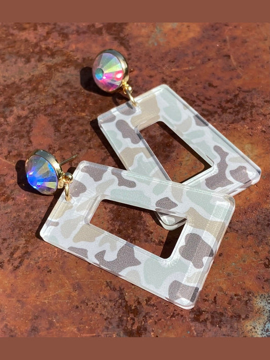 Neutral Camo Earrings with Ab Crystal Studs