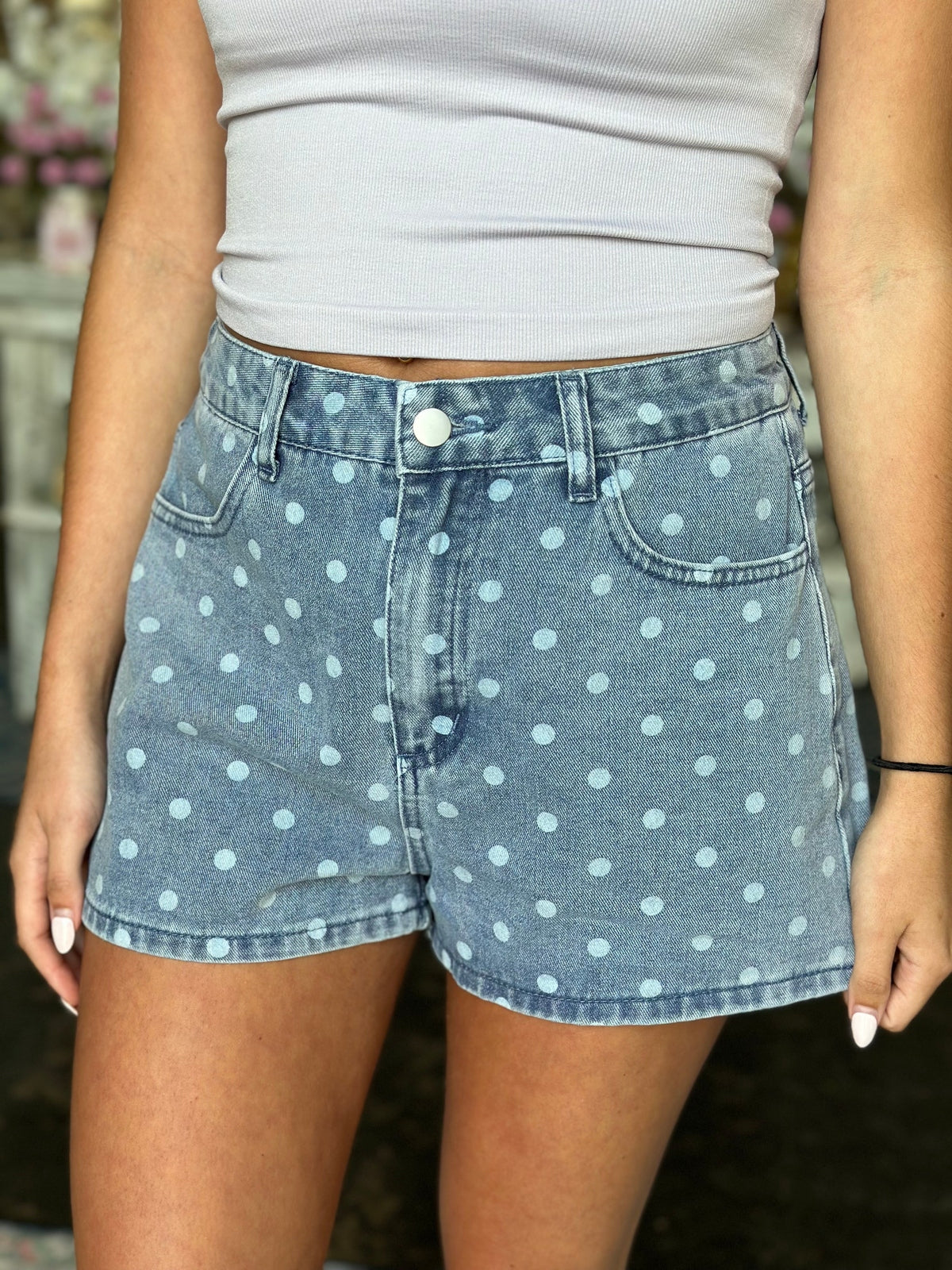 Denim-White Dot Denim Shorts