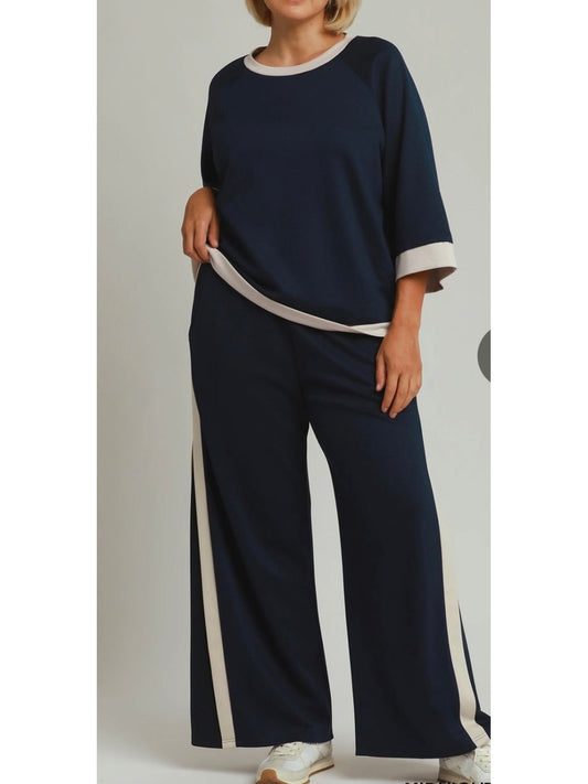 Midnight Blue LuxeKnit Colorblock Crewneck Raglan Sleeve Top & Pant Set