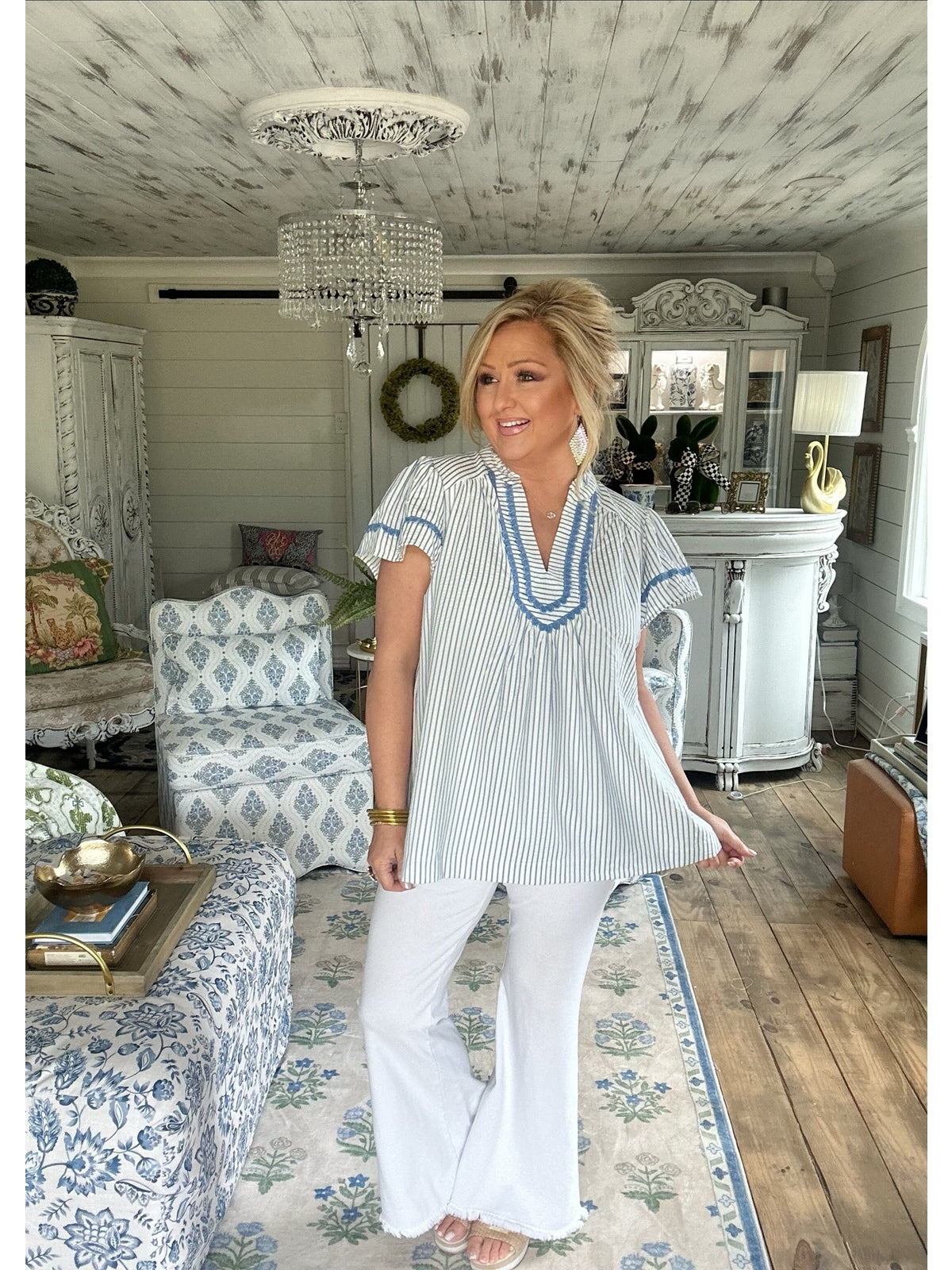 Blue Stripe Trim Pleated V-Neck Top