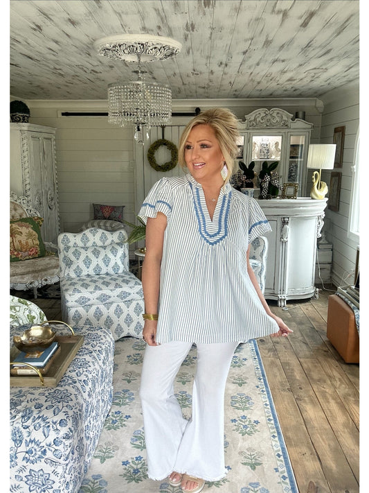 Blue Stripe Trim Pleated V-Neck Top