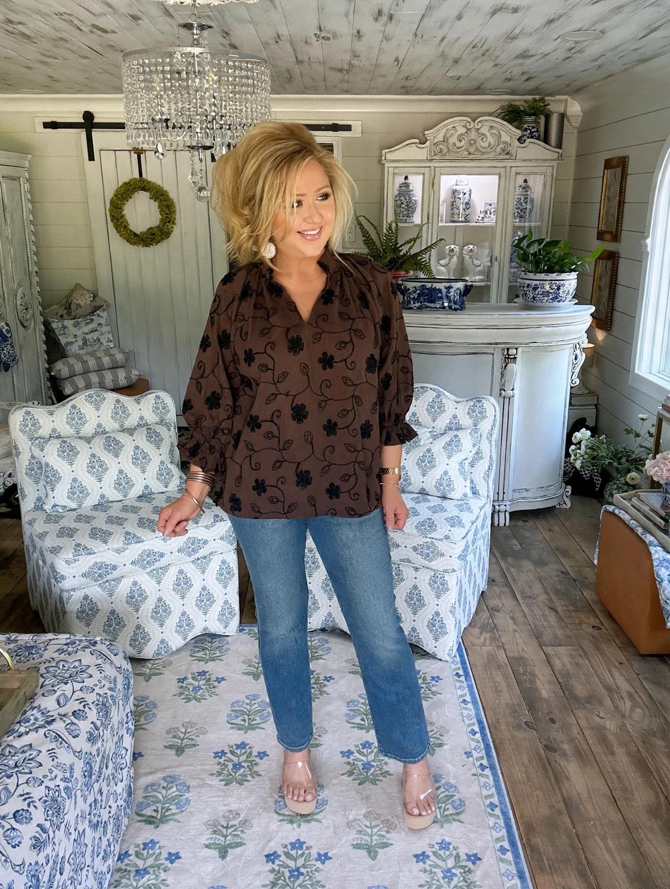 Brown Texture Fabric Floral
Embroidered Top